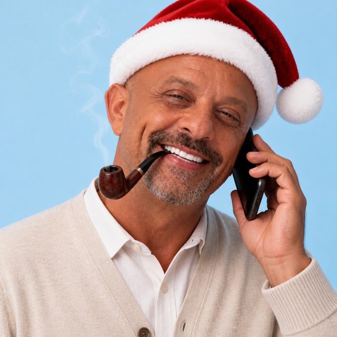 A cheerful man wearing a Santa hat smiles while talking on a smartphone and smoking a pipe, with the caption "I love NFT's" playfully suggesting he's spreading holiday cheer about NFTs over the phone.