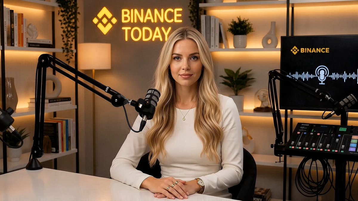 The image features a woman sitting at a desk with two microphones behind her. She appears to be wearing a white blouse and has blonde hair. The background of the image shows a TV screen displaying "Binance Today" along with an advertisement for a podcast, suggesting that she is participating in or hosting a podcast related to cryptocurrency.