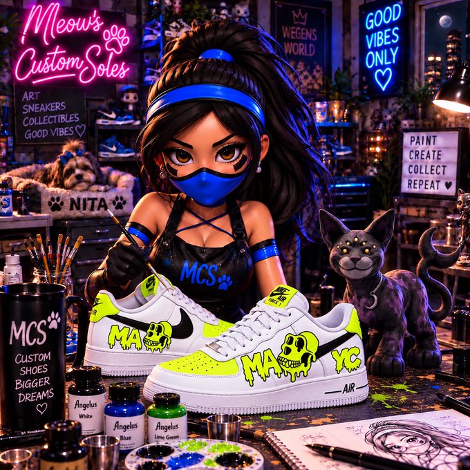 A vibrant digital illustration depicts a masked female character with 'Meow's Custom Soles' branding, painting custom neon yellow and white sneakers with skull designs in a colorful workshop alongside a black cat.