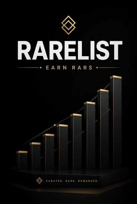 A promotional graphic for 'RARELIST' with the tagline 'EARN RARS' and 'CURATED. RARE. REWARDED.', featuring an image of a trophy made of ascending black bars.