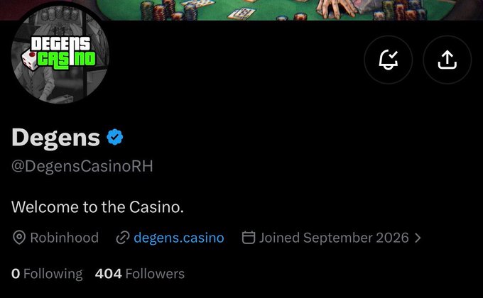 A Twitter/X profile page for "Degens" (@DegensCasinoRH), a verified account with 404 followers, describing itself as "Welcome to the Casino," located in Robinhood and linking to degens.casino, which visually corroborates the post's claim about a casino project being built on Robinhood with a native token.