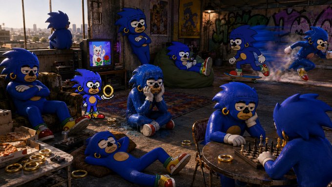 An artistic image featuring multiple blue Sonic the Hedgehog figures in various poses in a graffiti-covered room setting, with one holding a ring and another playing chess.