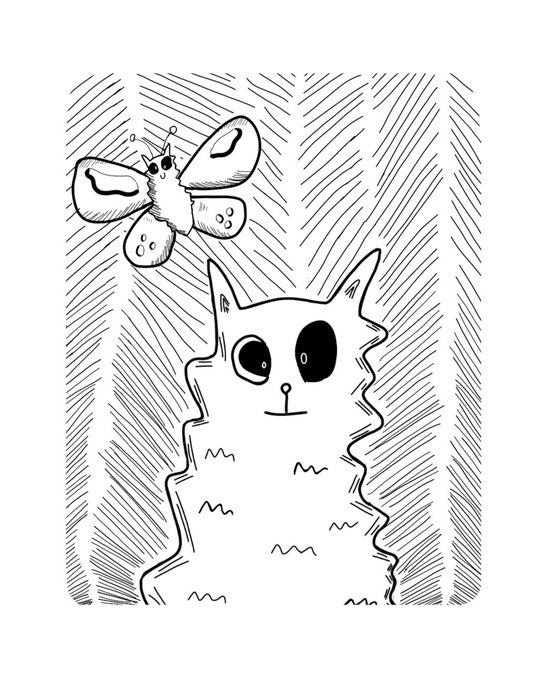 A simple black-and-white line drawing of a cat with large eyes looking up at a moth or butterfly flying near its head.