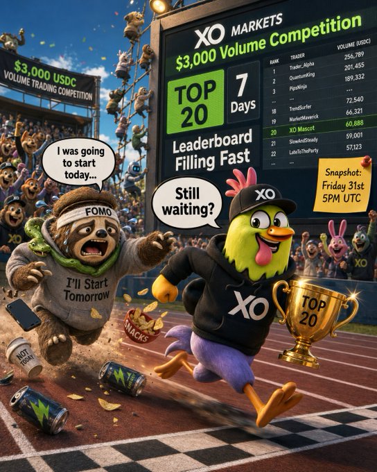 A promotional poster for 'XO Markets' $3,000 USDC Volume Trading Competition showing a Top 20 Leaderboard for 7 days, featuring cartoon characters including a 'FOMO' sloth saying 'I'll Start Tomorrow' and a rooster wearing an XO cap asking 'Still waiting?', with a snapshot dated Friday 31st 5PM UTC.