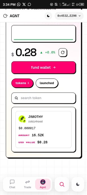 A mobile app screenshot showing a token/crypto wallet interface with $0.28 balance, displaying a token called 'JIMOTHY' (ticker rob1nhood) with 16.52K amount and $0.28 USD value, branded with 'AGNT'.