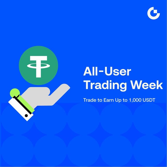 A promotional graphic for Gate.io's "All-User Trading Week" features a USDT coin being held by a hand against a blue background, with text highlighting the chance to "Trade to Earn Up to 1,000 USDT," matching the campaign's reward-based trading incentive.