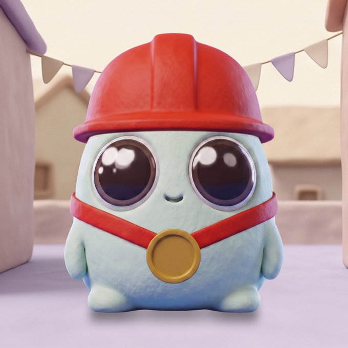 A 3D rendered character of a small, round, light blue creature wearing a red construction hat and a red collar with a gold medal.