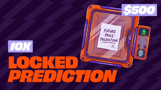 Promotional graphic featuring an illustrated orange safe with a note reading 'Future Price Prediction' inside, highlighting '$500' and '10X LOCKED PREDICTION' text in bold orange and purple lettering.