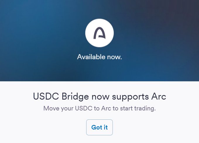A digital notification screen with the Arc logo states 'Available now' and 'USDC Bridge now supports Arc' with a 'Got it' button.