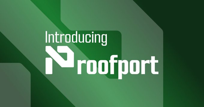 A green promotional graphic introducing 'Proofport,' the AI-powered verification and validation network.