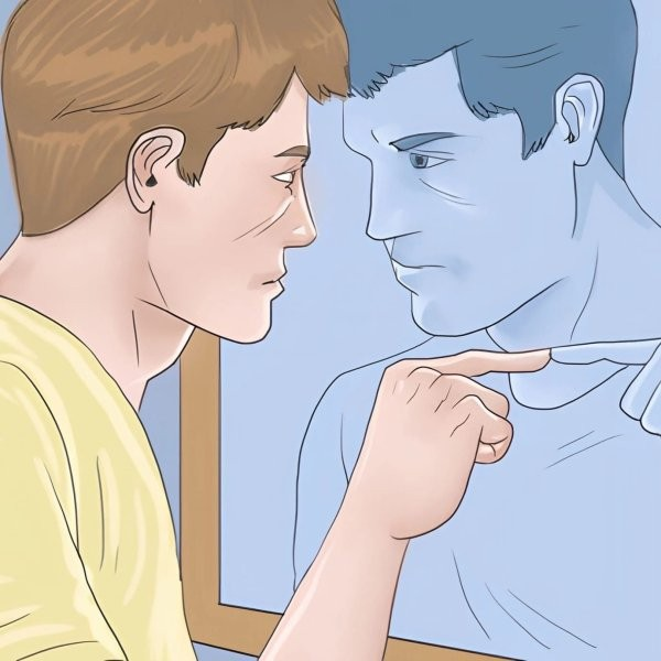 A digital illustration of a blonde woman in a yellow shirt looking at her reflection in a mirror, where the reflection appears as a blue-tinted version of a man.