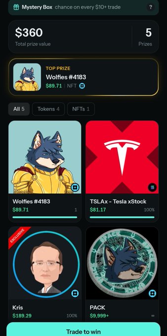 A mobile app screenshot for a 'Mystery Box' showing a $360 total prize value with 5 prizes, featuring NFT items like 'Wolfies #4183' and 'TSLAx - Tesla xStock' worth $89.71 and $81.17 respectively.