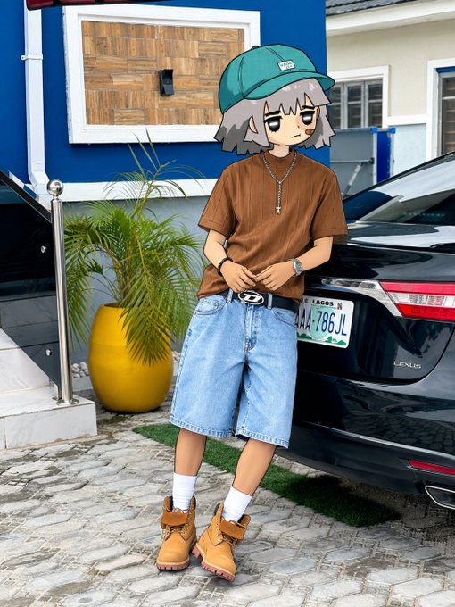 A person with digitally drawn anime-style features, wearing a green cap, brown t-shirt, denim shorts, and tan boots, stands outdoors next to a black Lexus car with a Nigerian license plate 'AAA-786JL'.