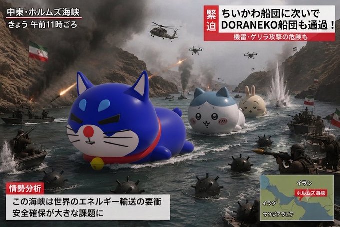 A Japanese news-style graphic shows giant cat figurines, including a blue cat and a white-and-gray cat, floating through the Strait of Hormuz alongside warships and helicopters, with headlines reading "ちいかわ船団に次いで DORANEKO船団も通過！" (Following the Chiikawa Fleet, the DORANEKO Fleet also passes!) and "緊急  Hormuz attack risk also," promoting the #DORANEKO cryptocurrency token in a humorous military-themed format.