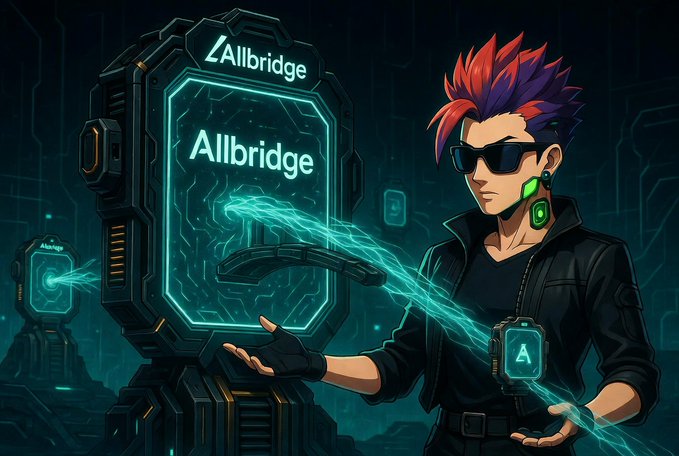 Cyberpunk-style illustration of a character with red and purple hair wearing sunglasses, channeling glowing blue energy toward an 'Allbridge' portal device.