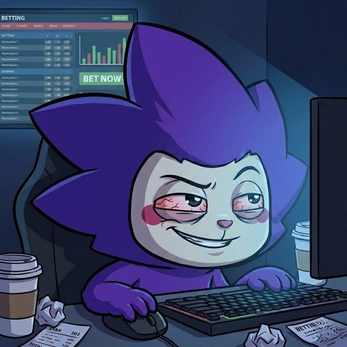 A cartoon illustration depicts a purple anthropomorphic character with bloodshot, manic eyes sitting at a computer, surrounded by coffee cups and crumpled betting slips, with a betting interface visible on the monitor behind them.