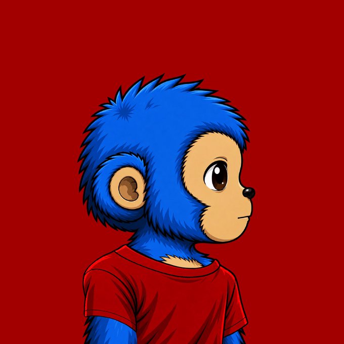 A digital illustration of a blue-furred anthropomorphic monkey-like character wearing a red t-shirt against a solid red background.