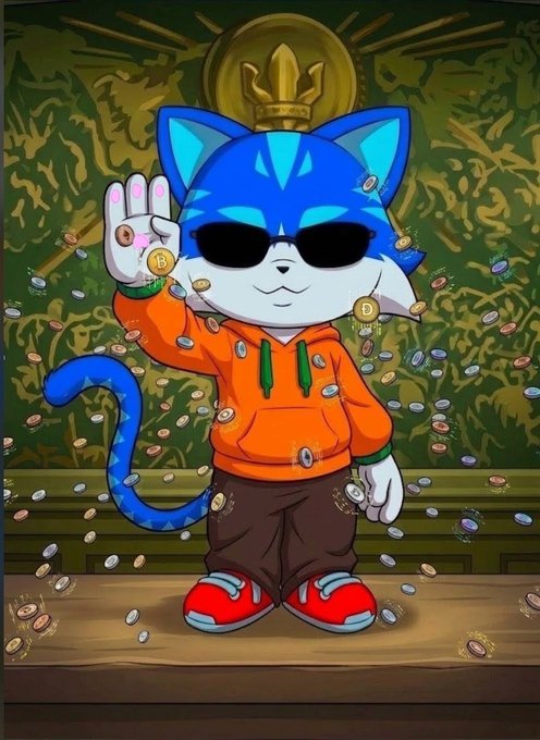 An anime-style NFT artwork of a blue and white cat character wearing sunglasses, an orange hoodie, brown pants, and red sneakers, surrounded by falling Bitcoin and Dogecoin cryptocurrency tokens.