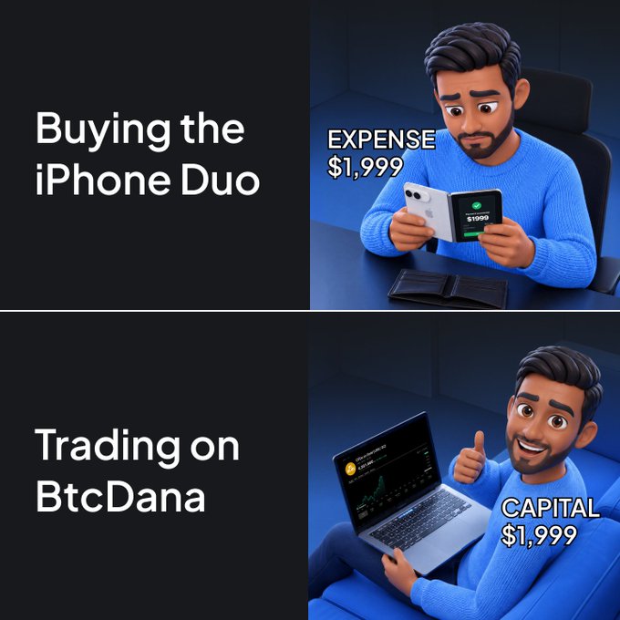 A two-panel 3D animated graphic comparing financial scenarios: the top shows 'Buying the iPhone Duo' with an EXPENSE of $1,999, and the bottom shows 'Trading on BtcDana' with CAPITAL of $1,999.