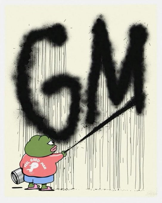 The image features a cartoon frog wearing a pink shirt with the word "G" written on it. The frog is holding a can of spray paint, actively painting a wall. The text in the image includes phrases such as "GM CT Do well to spend the day with your loved ones Active on @NomismaNetwork Use @useTria card to touch grass.. Dont forget @TheARCTERMINAL LB, @quipnetwork isnt easy also and @sleepagotchi". The frog's actions in the image seem to be related to a social media post or an advertisement.