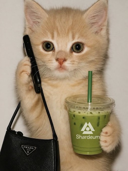An adorable cream-colored kitten holds a Prada handbag in one paw and a green iced matcha drink labeled "Shardeum" in the other, captioned "Don't count the GMs make the GMs count 💚" — symbolizing the value of focused effort and consistency (like a kitten confidently carrying its essentials) in achieving milestones on the Shardeum network.