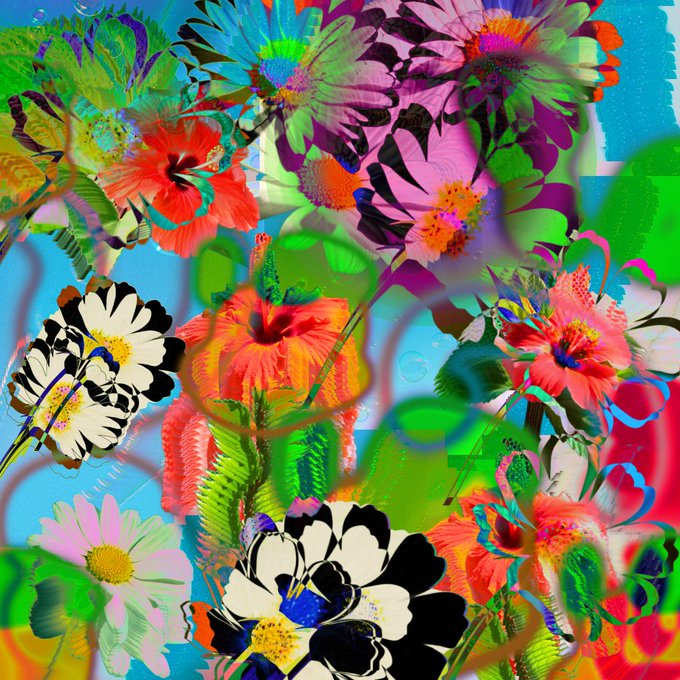 A vibrant, psychedelic digital artwork filled with brightly colored flowers in pink, orange, yellow, and white against a turquoise background with abstract green elements.