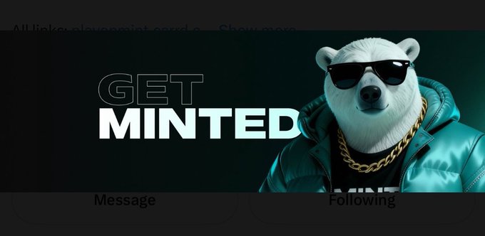 A stylized promotional graphic featuring a polar bear mascot wearing sunglasses and a gold chain next to the text 'GET MINTED' on a dark background.
