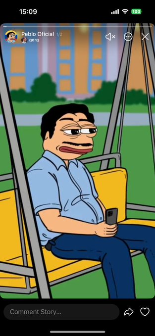 A screenshot of an Instagram story from user 'Pablo Official' shows a cartoon drawing of a man with glasses sitting on a yellow outdoor swing chair holding a phone, set against a background of apartment buildings and greenery.