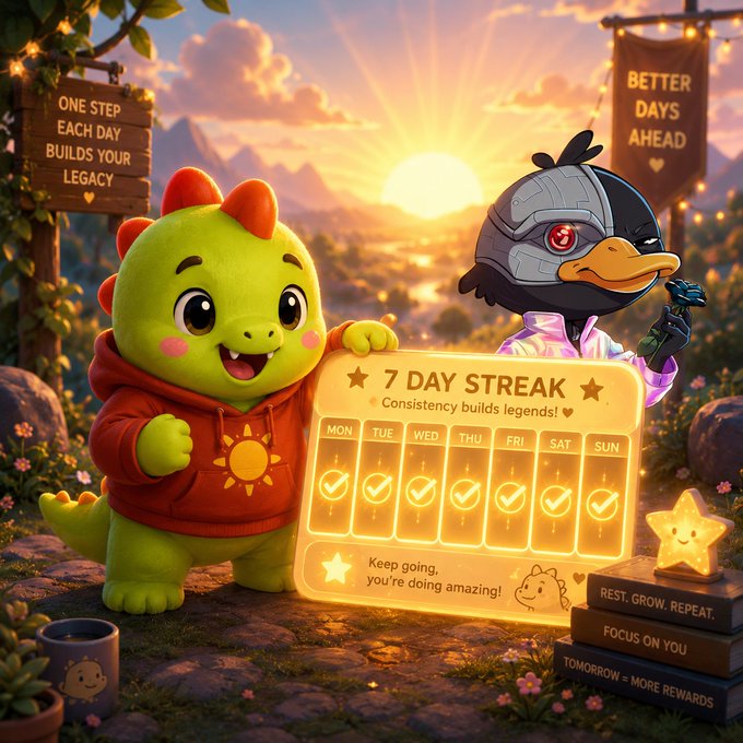A cute green dinosaur in a red hoodie and a masked penguin proudly display a glowing "7 Day Streak" tracker at sunset, with all seven days checked off and the motivational text "Consistency builds legends!" — visually reinforcing the post's message that one week of consistent sleep builds rewarding habits, complemented by nearby signs reading "Better Days Ahead" and "One Step Each Day Builds Your Legacy."