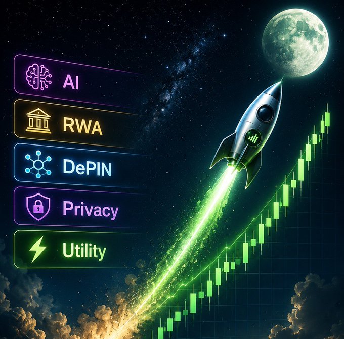 The image features a rocket flying through space, with a full moon visible behind it. The rocket is depicted as green and white, soaring above a line of bars that represent different privacy settings for various online services. These settings include DePin, Privacy, Utility, and others. The caption on the post reads: "When capital rotates back into AI, RWA, DePIN, Privacy, and Utility, things are going to get interesting $DMTR $AUKI $SLC $ZBCN $VELO $GHOST $DOVU $ZANO $DEXTF $IXS $PEAQ $HBAR $XRP $XLM $SHX $GEOD Positioning is".