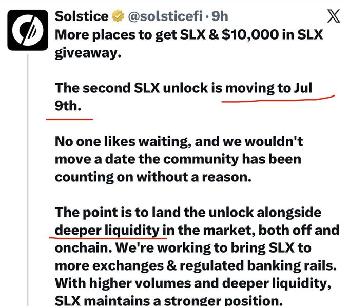 A tweet from Solstice (@solsticefi) announcing that the second SLX token unlock is moving to July 9th, explaining the delay is to land the unlock alongside deeper market liquidity with higher exchange volumes.
