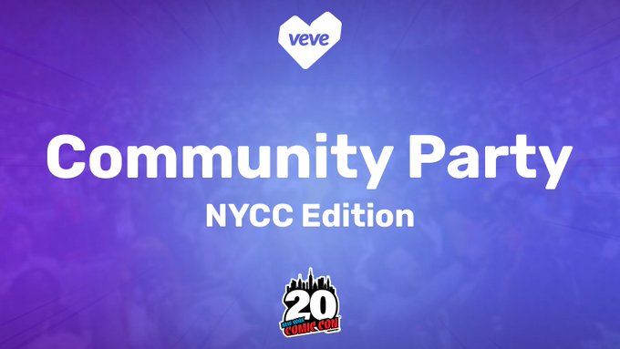 A promotional graphic for a 'Community Party NYCC Edition' featuring the VeVe logo and a 20th NYCC comic con logo on a purple background.