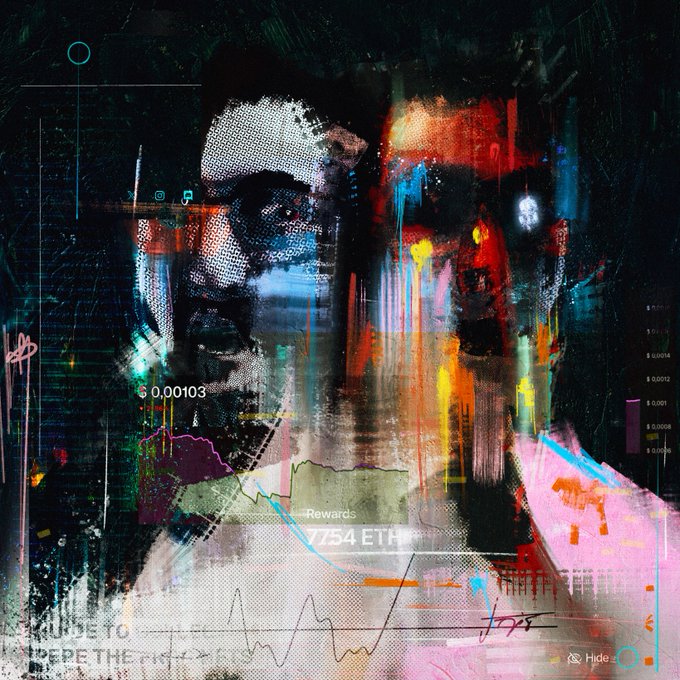 A glitchy, pixelated digital art portrait shows a figure overlaid with a colorful downward chart, featuring text "$ 0,00103" and "Rewards 0,7754 ETH".