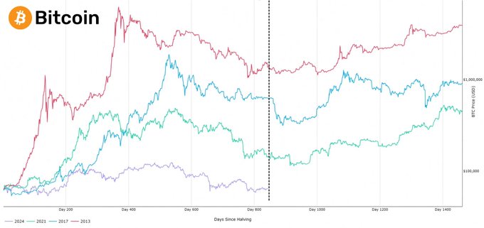 A chart titled "Bitcoin" showing BTC price performance from 2024, 2021, 2017, and 2013 cycles plotted against "Days Since Halving" (Day 1 to Day 1460), illustrating how past cycles have historically peaked and bottomed around the halving event to contextualize the current 2024 cycle's potential bottom. The accompanying post uses this historical cycle comparison to argue that deploying all cash too early—or waiting too long—now carries equal risk for $BTC.
