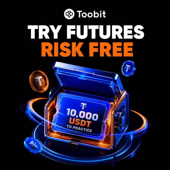 An ad for Toobit exchange promoting 'RISK FREE' futures trading, showing a glowing blue treasure chest containing a '10,000 USDT TO PRACTICE' voucher.