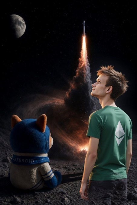 The image features two people standing next to each other with one person wearing a green shirt and the other wearing a blue shirt, both looking up at a rocket launch. The rocket is located above them, creating an interesting focal point for their attention. In the background, there are some stars visible in the sky, adding depth to the scene. The image also contains text that reads "Hey @VitalikButerin, The @AsteroidCoinOG community is still wondering whether you’ve donated the 120k USDC to a charity. If you haven't found a suitable recipient yet, we have a simple and transparent solution for you."