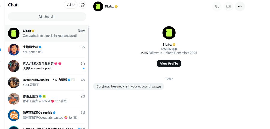Instagram chat screenshot showing a message from 'Slabz' (@Slabzapp) saying 'Congrats, free pack is in your account!', with a chat list visible on the left.