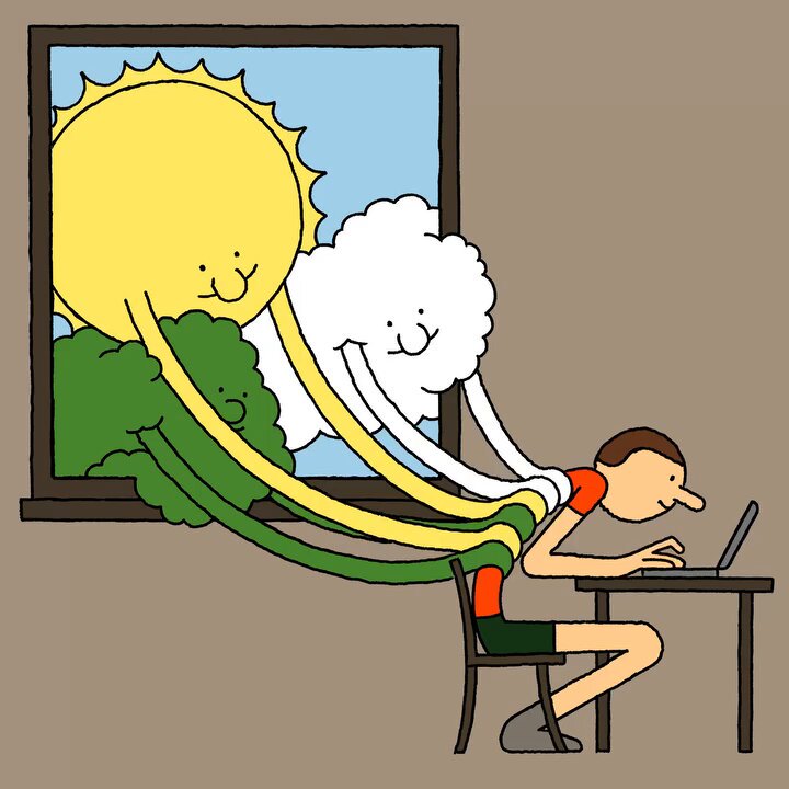 The image features a man sitting at a desk using his laptop, with a cartoon sun and clouds floating above him. The sun appears to be smiling down on the man as he works or browses the internet. The scene also includes a chair positioned in front of the man's desk, suggesting that this is where he spends most of his time working or engaging in leisure activities online.