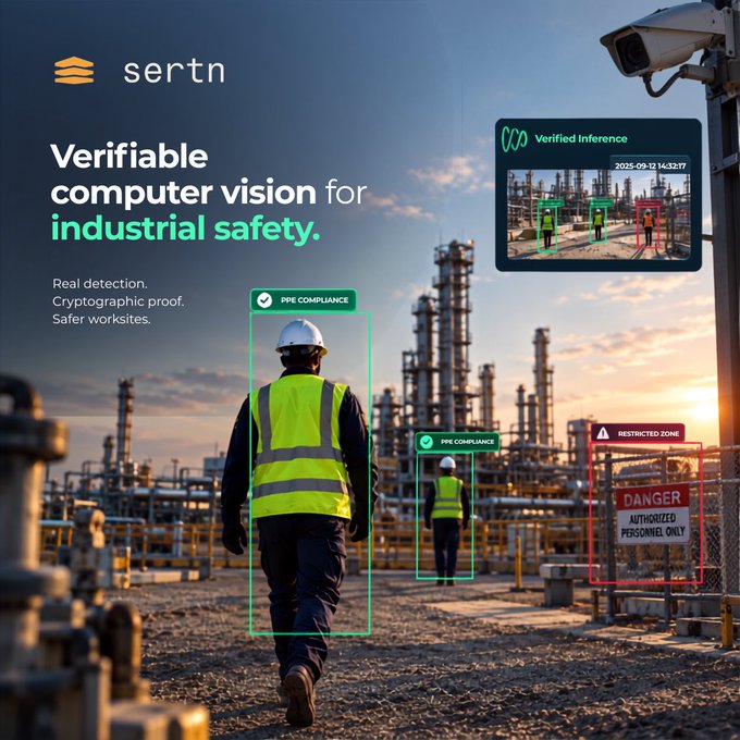 Promotional graphic for 'sertn' advertising verifiable computer vision for industrial safety, showing workers in high-visibility vests at a worksite with PPE compliance and restricted zone detection overlays and a 'Verified Inference' timestamp panel.