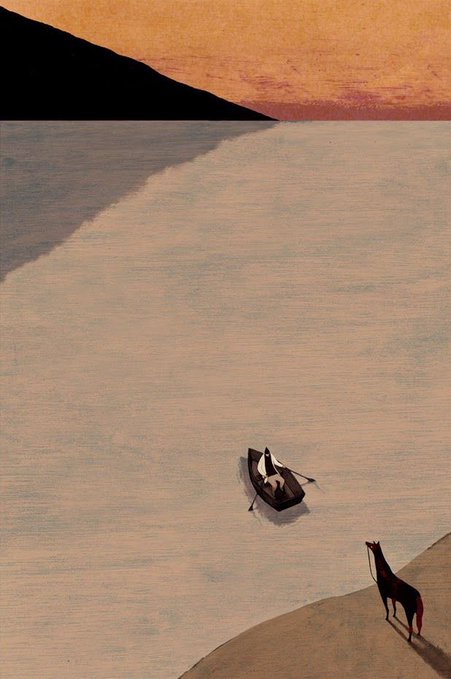 A minimalist painting shows a lone rowboat with a figure on calm water, while a giraffe-like creature stands on a curved shore in the foreground, with a dark mountain silhouetted against a muted sky.