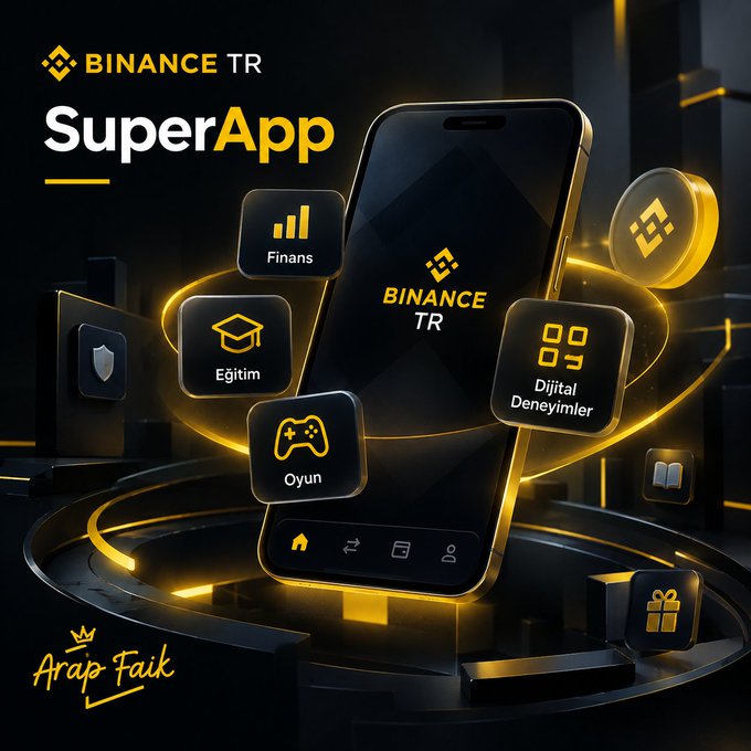 The image is a sleek, dark-themed promotional graphic for "BINANCE TR SuperApp," featuring a central smartphone displaying the Binance TR logo, surrounded by glowing golden floating icons representing different app features: "Finans" (Finance), "Eğitim" (Education), "Oyun" (Gaming), and "Dijital Deneyimler" (Digital Experiences), along with icons for a shield (security), a gift, and a book. The "Arab Faik" signature appears in the bottom left, visually reinforcing the post's message about how Binance TR has evolved beyond a single-purpose crypto platform into a multi-faceted super app combining finance, education, gaming, and digital experiences in one ecosystem.