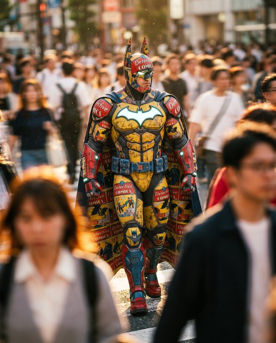 A person in a Batman costume decorated with 'Detective Comics' logos walks down a crowded, sunlit street.