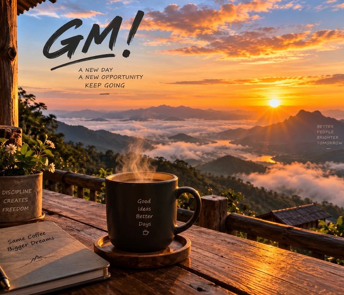 A scenic sunrise landscape over mountains with a wooden deck in the foreground holding a steaming black coffee mug, a notebook, and a potted plant, overlaid with motivational text including 'GM!,' 'A NEW DAY A NEW OPPORTUNITY KEEP GOING,' 'DISCIPLINE CREATES FREEDOM,' 'Same Coffee Bigger Dreams,' 'Good Ideas Better Days,' and 'BETTER PEOPLE BRIGHTER TOMORROW.'
