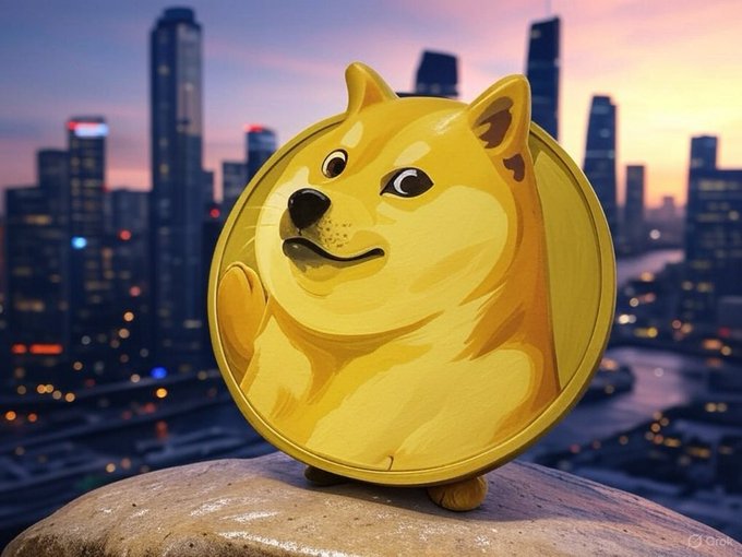 A golden Dogecoin coin featuring the iconic Shiba Inu dog rests on a ledge overlooking a city skyline at dusk. The image visually reinforces the post's message by showcasing Dogecoin as a polished, valuable crypto asset against an urban backdrop.