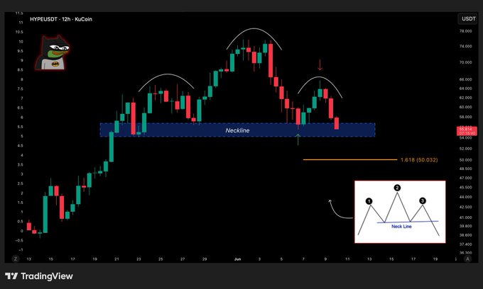 There is an image of a stock chart that shows different price points for various days. The chart displays three peaks in a line graph format with $HYPE, which represents a bullish market condition. The chart appears to be relatively low in value, as indicated by its positioning near $50 and other smaller price points on the screen. This could indicate that $HYPE is not seeing significant gains or support from its previous peaks.