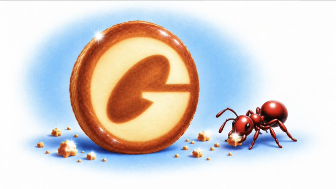 A 3D-rendered illustration of an ant standing next to a large, round cookie embossed with the Ethereum 'E' logo, with crumbs scattered around on a blue surface.
