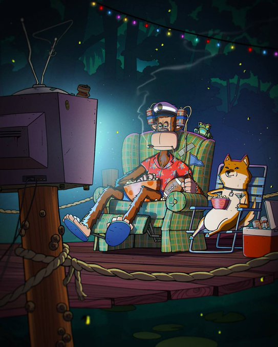A cartoon illustration depicts a relaxed monkey in a Hawaiian shirt and slippers lounging in an armchair on a wooden dock next to a Shiba Inu dog in a beach chair, watching an old TV under string lights.