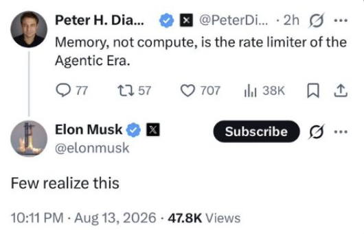 The image shows a screenshot of a tweet from Peter H. Dia... (@PeterDi...) stating "Memory, not compute, is the rate limiter of the Agentic Era," which Elon Musk (@elonmusk) responded to with "Few realize this," garnering 47.8K views. The post comments that this screenshot has circulated as frequently as the $NBIS ticker, suggesting it's become another piece of widely-shared "copy pasta" content online.