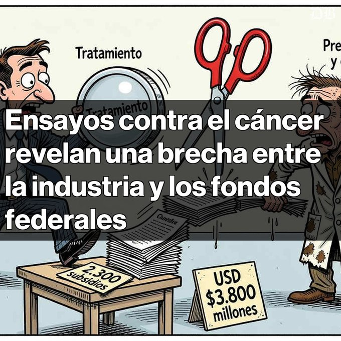 Spanish-language cartoon with headline 'Ensayos contra el cáncer revelan una brecha entre la industria y los fondos federales' depicting a man in a suit cutting stacks of 'Científica' papers with scissors labeled 'Tratamiento', comparing 2,300 subsidies to USD $3,800 millones.