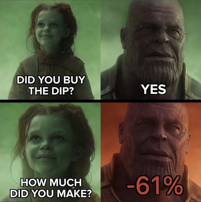 A four-panel meme using Thanos and young Gamora from Marvel films, where Gamora asks 'DID YOU BUY THE DIP?' and 'HOW MUCH DID YOU MAKE?' with Thanos replying 'YES' and '-61%', humorously depicting a bad investment.